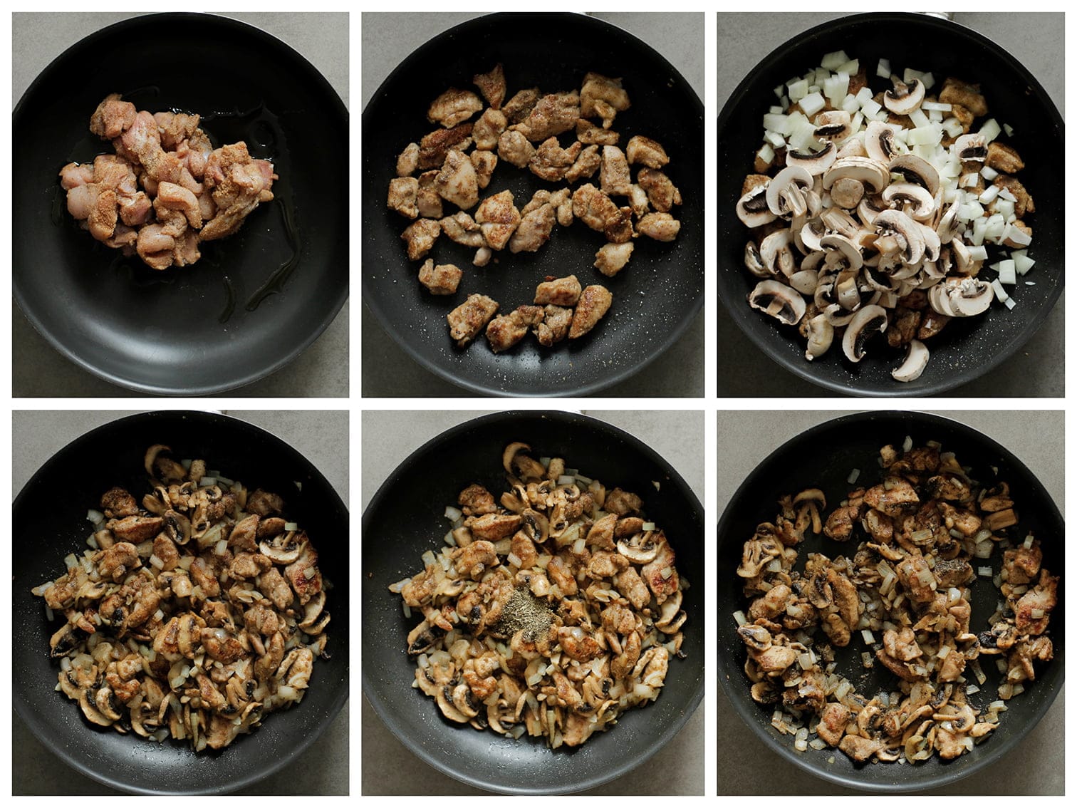 Kippendijen gaar bakken met gele ui en champignons