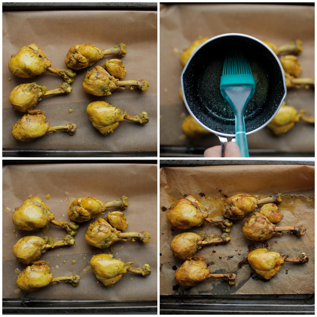 Haal voorzichtig de kip uit de pan en leg deze op een bakplaat bedekt met een vel bakpapier. Smeer de kippenpoten volledig in met roomboter. Leg de kip in een voorverwarmde oven op 220℃. Bak in ca. 10-12 minuten goudbruin.