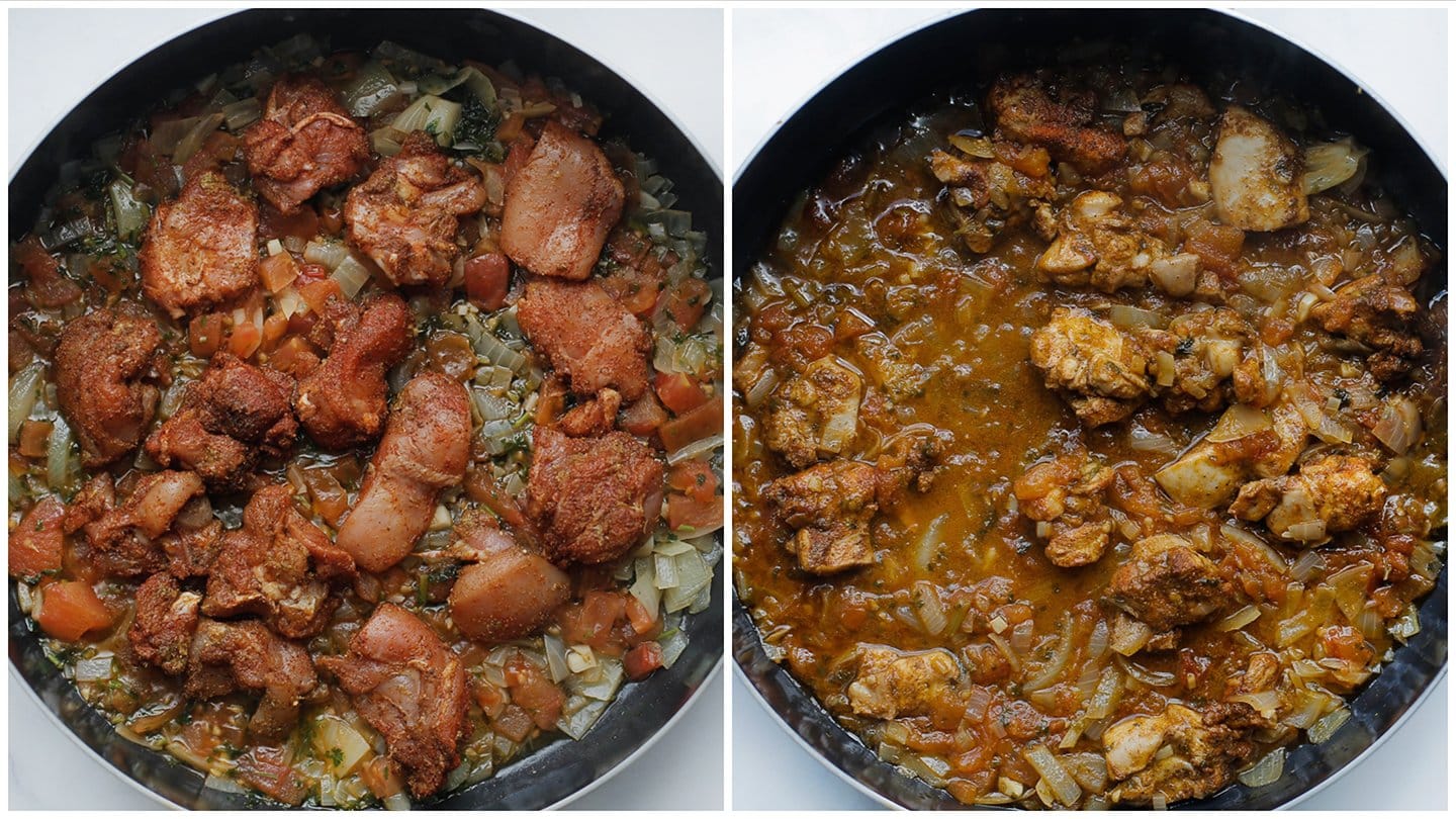 Kipstukjes toevoegen aan het groentemengsel en koken