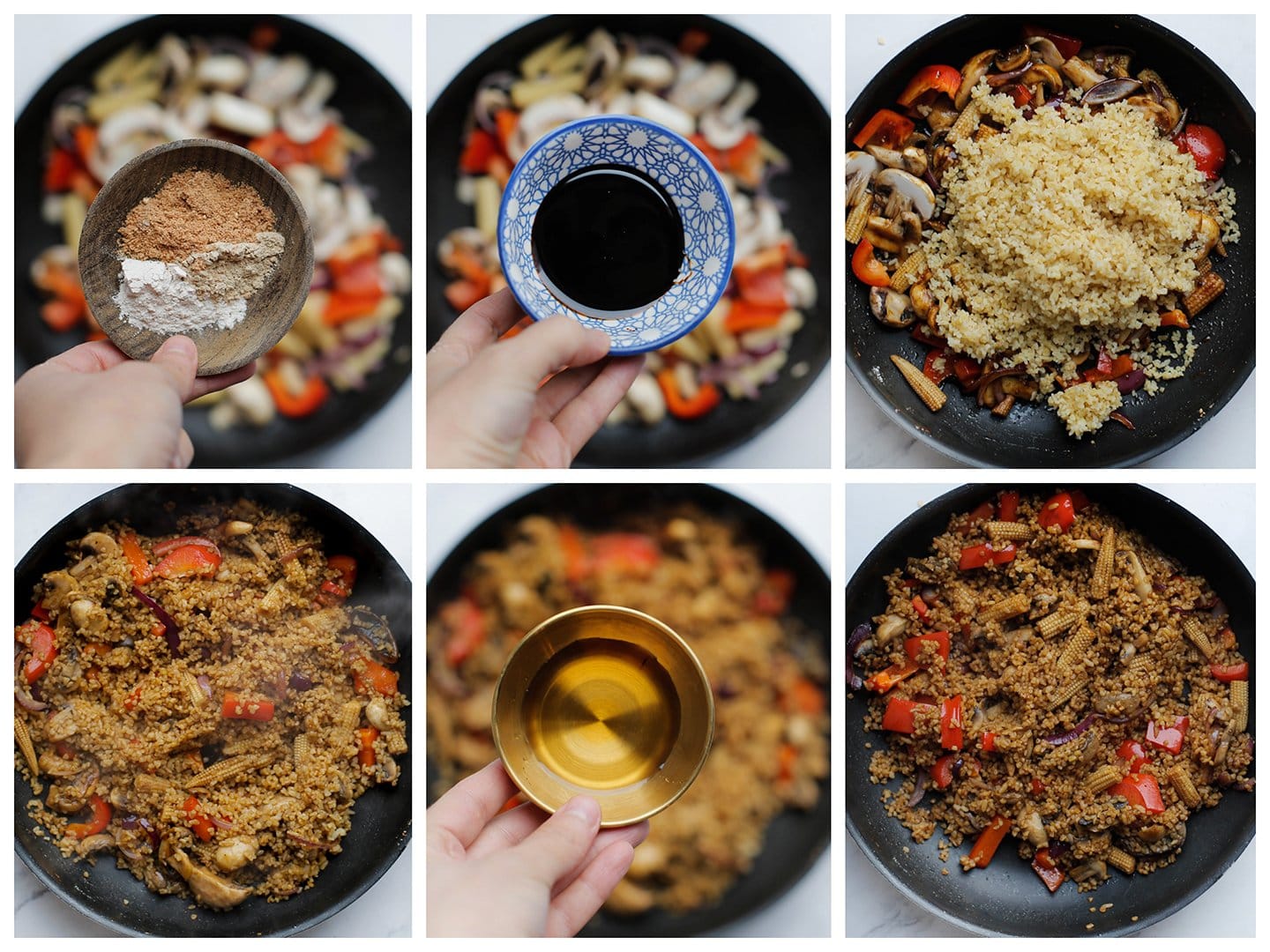 Kruiden, saus en bulgur mengen met de groenten