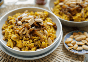 Rijst met kip, ui en groene linzen