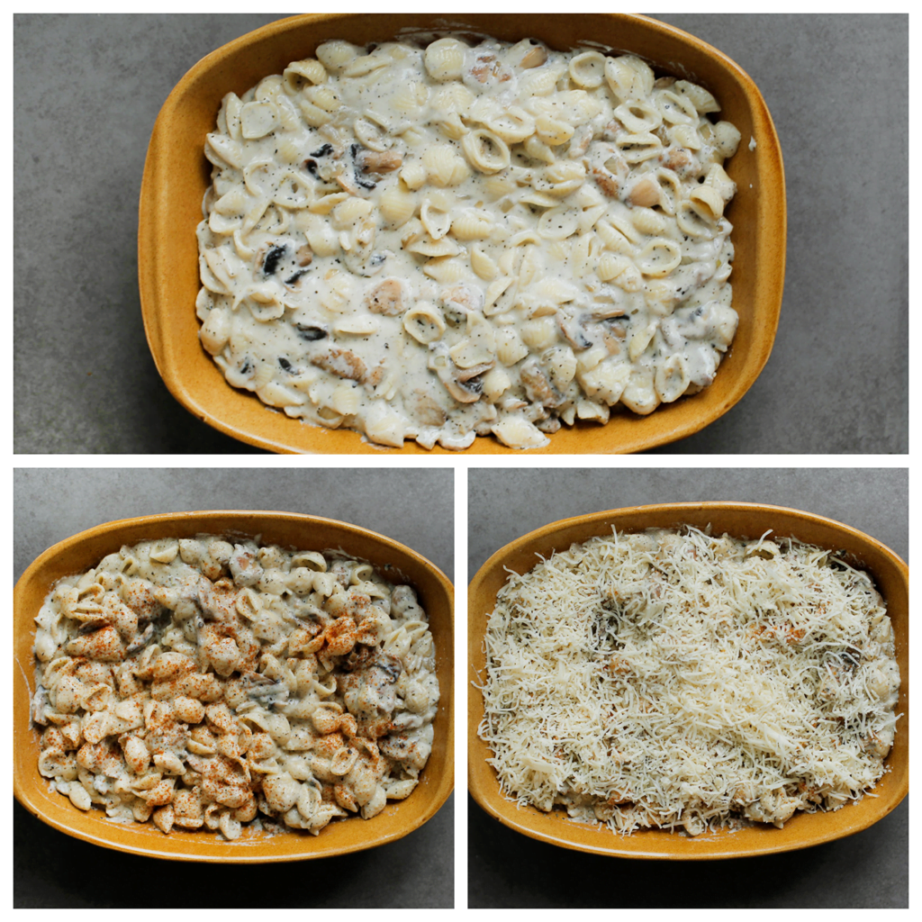 Doe het pastamengsel in een ovenschaal. Strooi er wat komijn, cayennepeper op en geraspte kaas op.