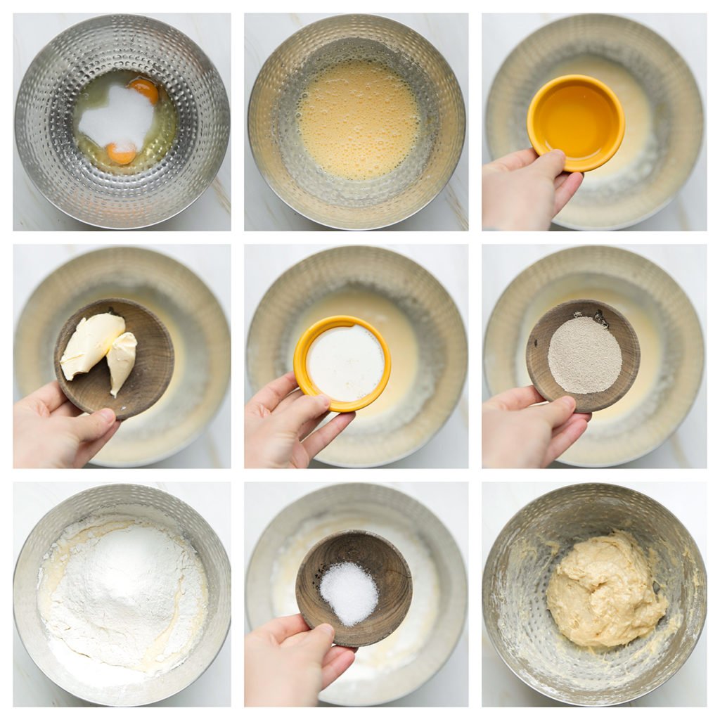 Breek de eieren boven een kom. Voeg de suiker en vanillesuiker toe. Mix 2 minuten. Voeg de zonnebloemolie (40 ml) en margarine toe. Mix goed. Voeg de lauwwarme melk en gist toe. Mix samen. Zeef de bloem boven de kom en voeg het zout toe. Kneed in ca. 5 minuten tot een geheel.