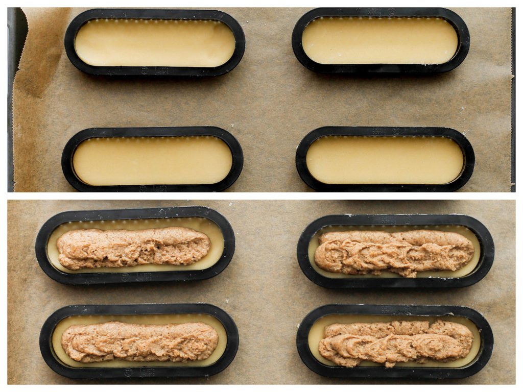 Leg de uitsteker met het koekjesdeeg op een bakplaat met bakpapier. Spuit het walnotenspijs erop, maar houd de zijkanten vrij (1 cm).