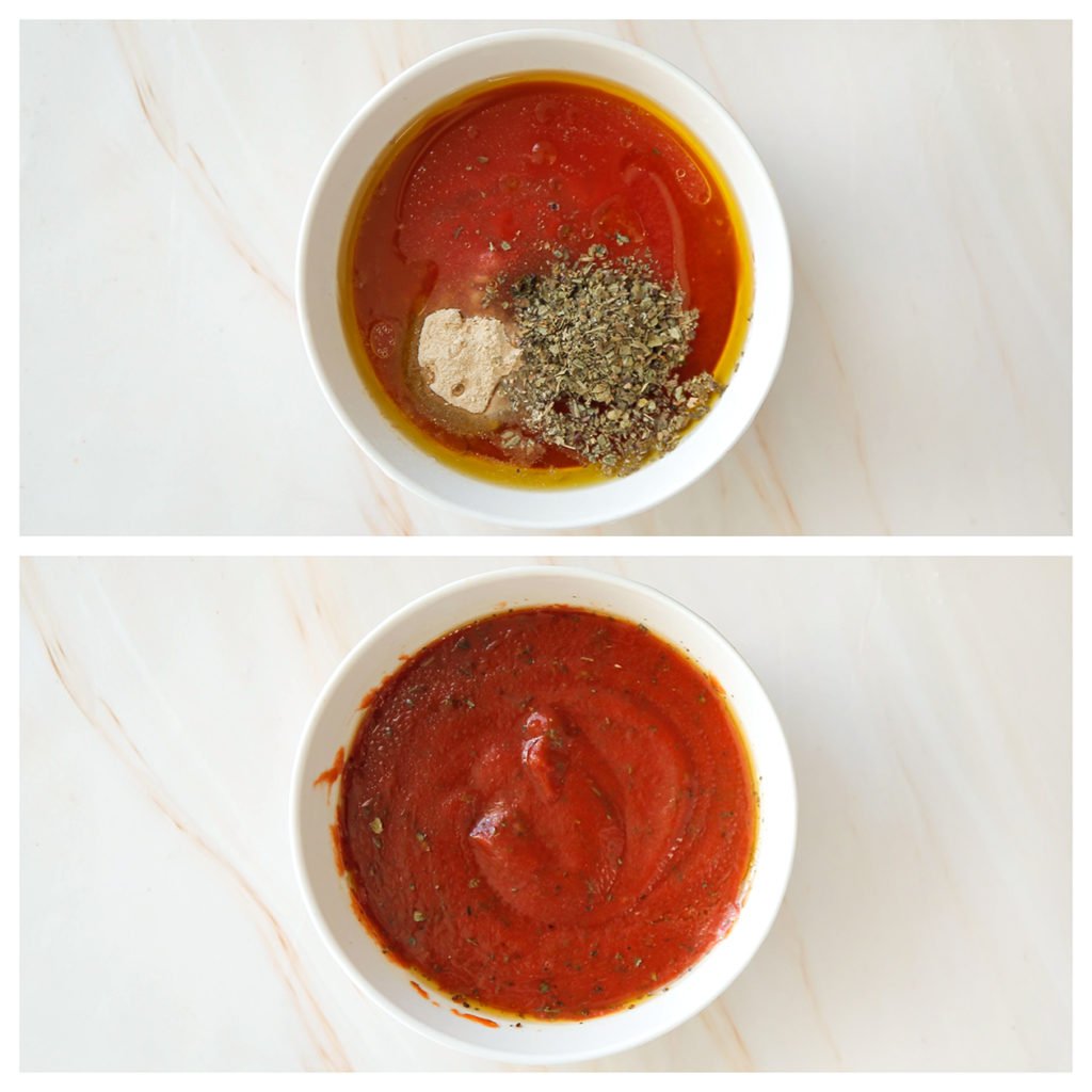 Doe de gezeefde tomatensaus, olijfolie, gedroogde basilicum, knoflookpoeder en het zout in een kom. Meng goed.