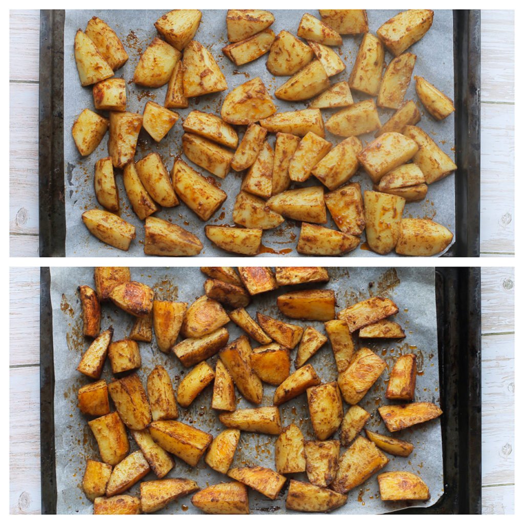 Verwijder de bakpapier en aluminiumfolie. Leg de aardappels terug in de oven. Bak 20 minuten of tot de aardappels gaar zijn.