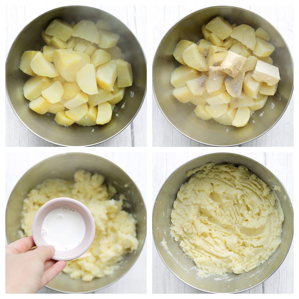 Doe de gekookte aardappels in een kom. Voeg de roomboter, melk, het zout en de zwarte peper toe. Stamp/prak de aardappels fijn.