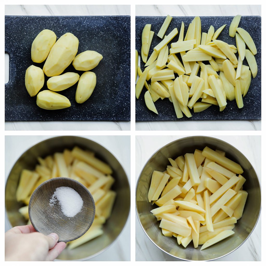 Schil de aardappels en snijd in schijven. Snijd in de lengte tot friet. Voeg het zout toe en meng goed. 