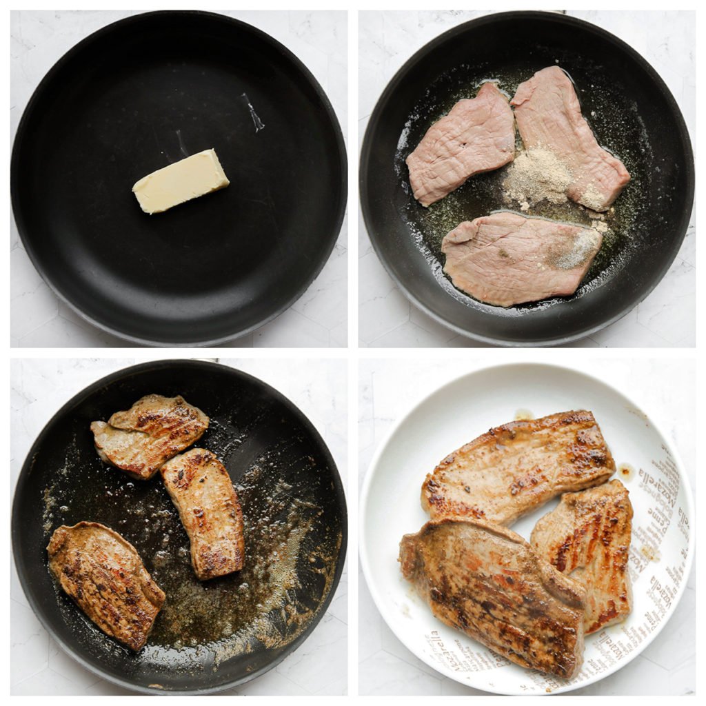 Verhit de roomboter (25 g) in een koekenpan op middelhoog vuur. Voeg de biefstuk, het zout, de zwarte peper en knoflookpoeder toe. Bak de biefstuk aan beide kanten goudbruin. Leg apart.