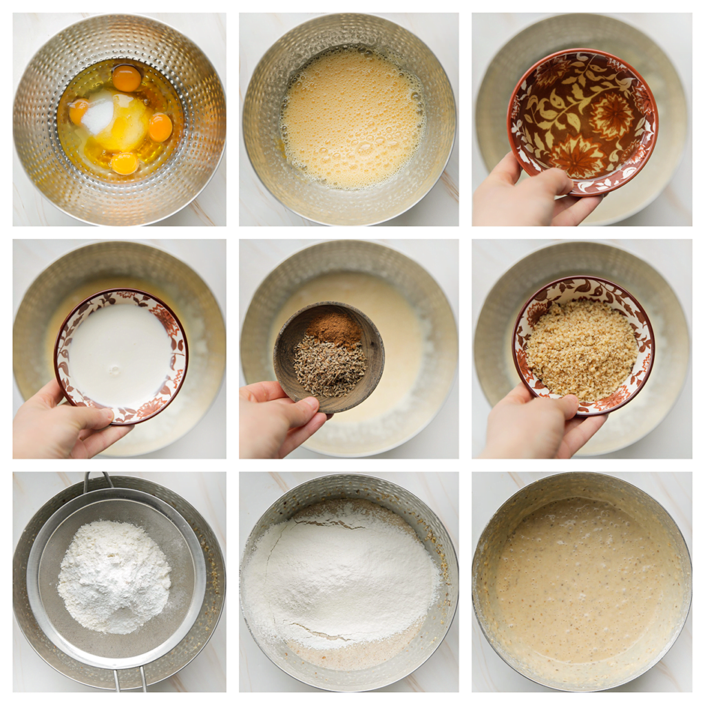 Breek de eieren boven een kom. Doe de kristalsuiker, bruine basterdsuiker, vanillesuiker en honing toe. Mix 2 minuten. Voeg de zonnebloemolie, melk, het anijszaad en de kaneelpoeder toe. Mix tot een geheel. Voeg de fijngemalen walnoten toe en mix goed. Zeef de bloem en het bakpoeder boven een kom. Mix tot een gladde massa.