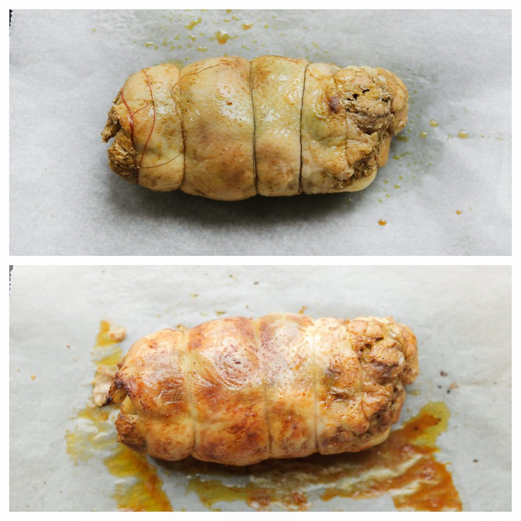 Haal voorzichtig de kip uit de oven. Verwijder de aluminiumfolie, het bakpapier en de touwtjes. Leg de kip weer in de oven en bak 15 minuten of tot deze mooi goudbruin is gekleurd.