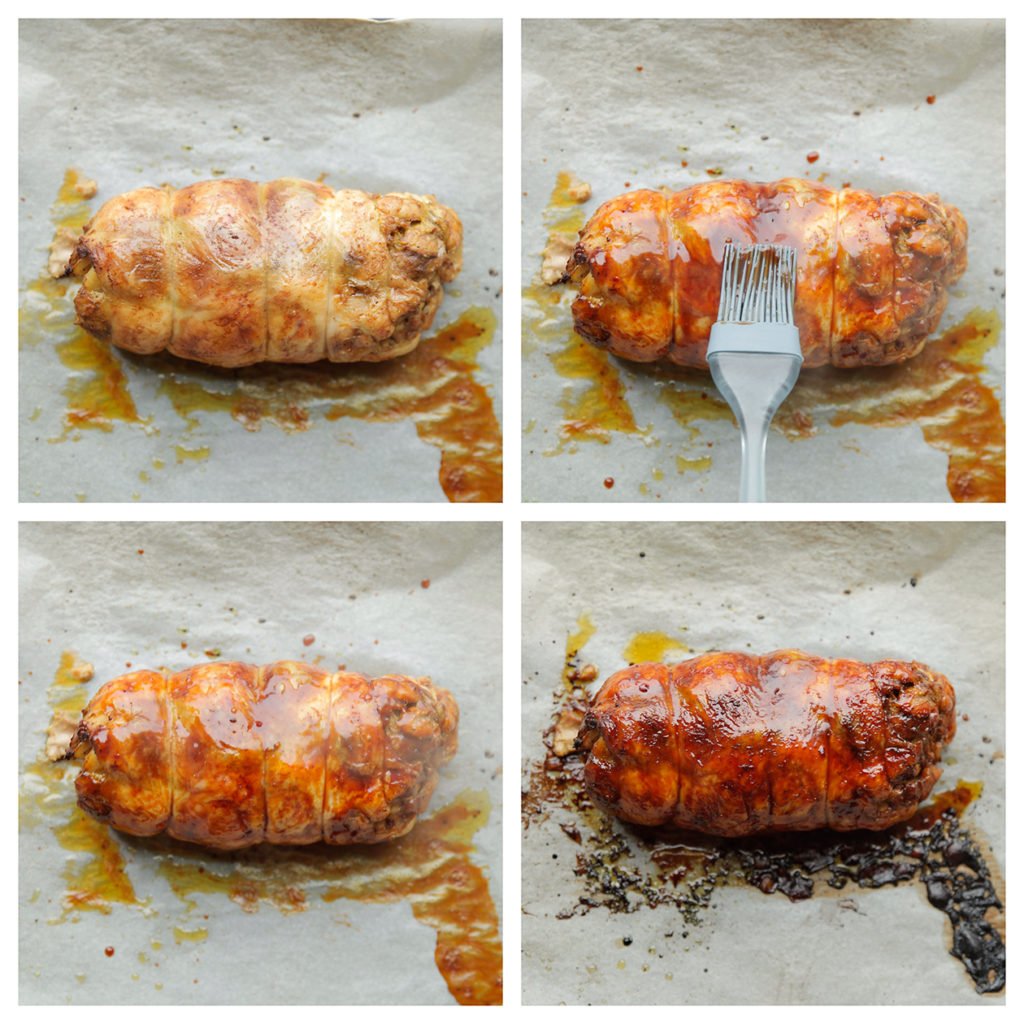 Smeer de kip in met de saus en leg in de oven. Bak 5 minuten. Haal voorzichtig de kip uit de oven en smeer deze in met de overige saus.