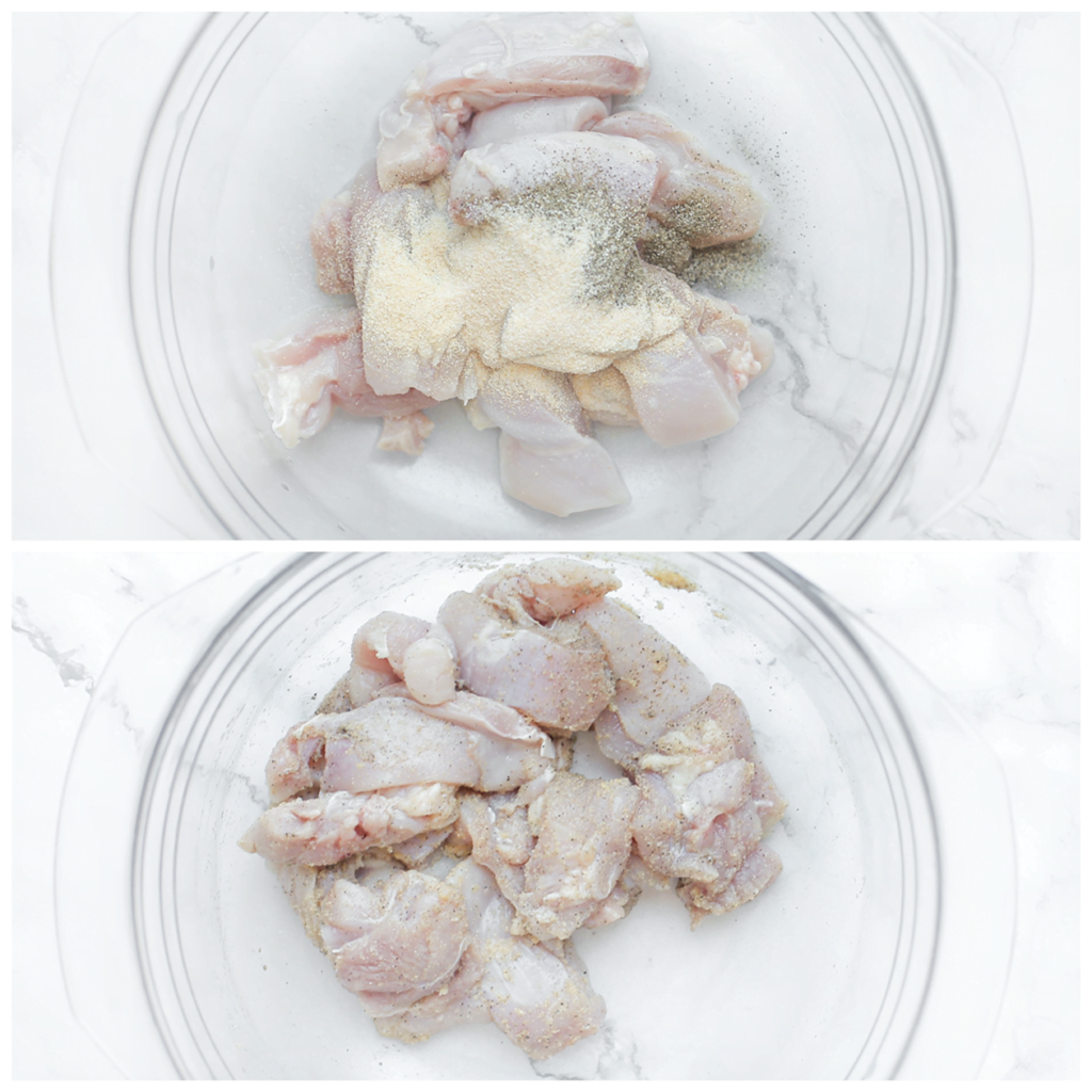Snijd de kippendijen in stukken en doe in een diepe kom. Voeg het zout, de knoflookpoeder, uienpoeder en zwarte peper toe. Meng goed.