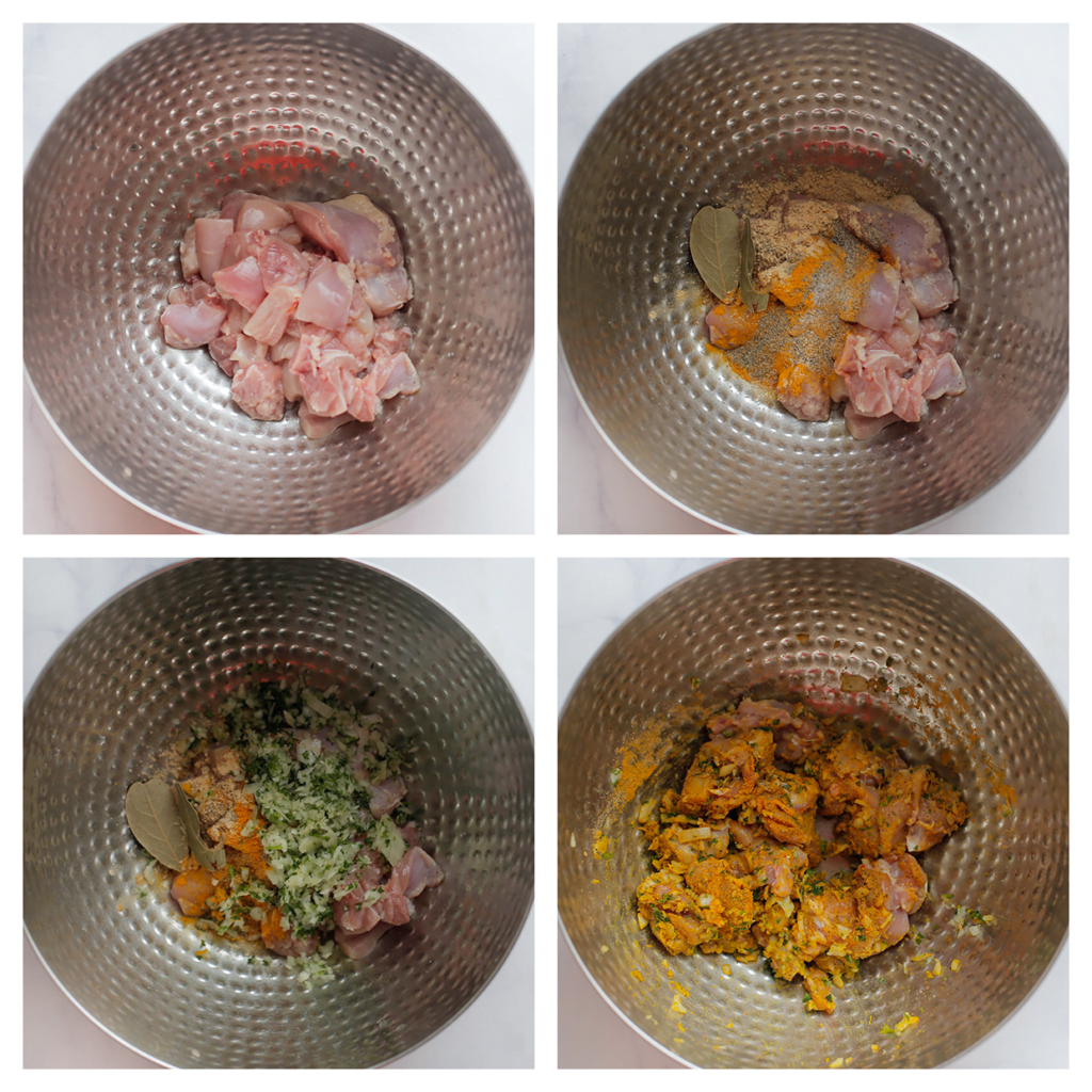 Snijd de kippendijen in stukken en doe in een diepe kom. Voeg de kurkuma, zwarte peper, gemberpoeder, het zout en de laurierblaadjes toe. Voeg het groentemengsel toe en meng goed.