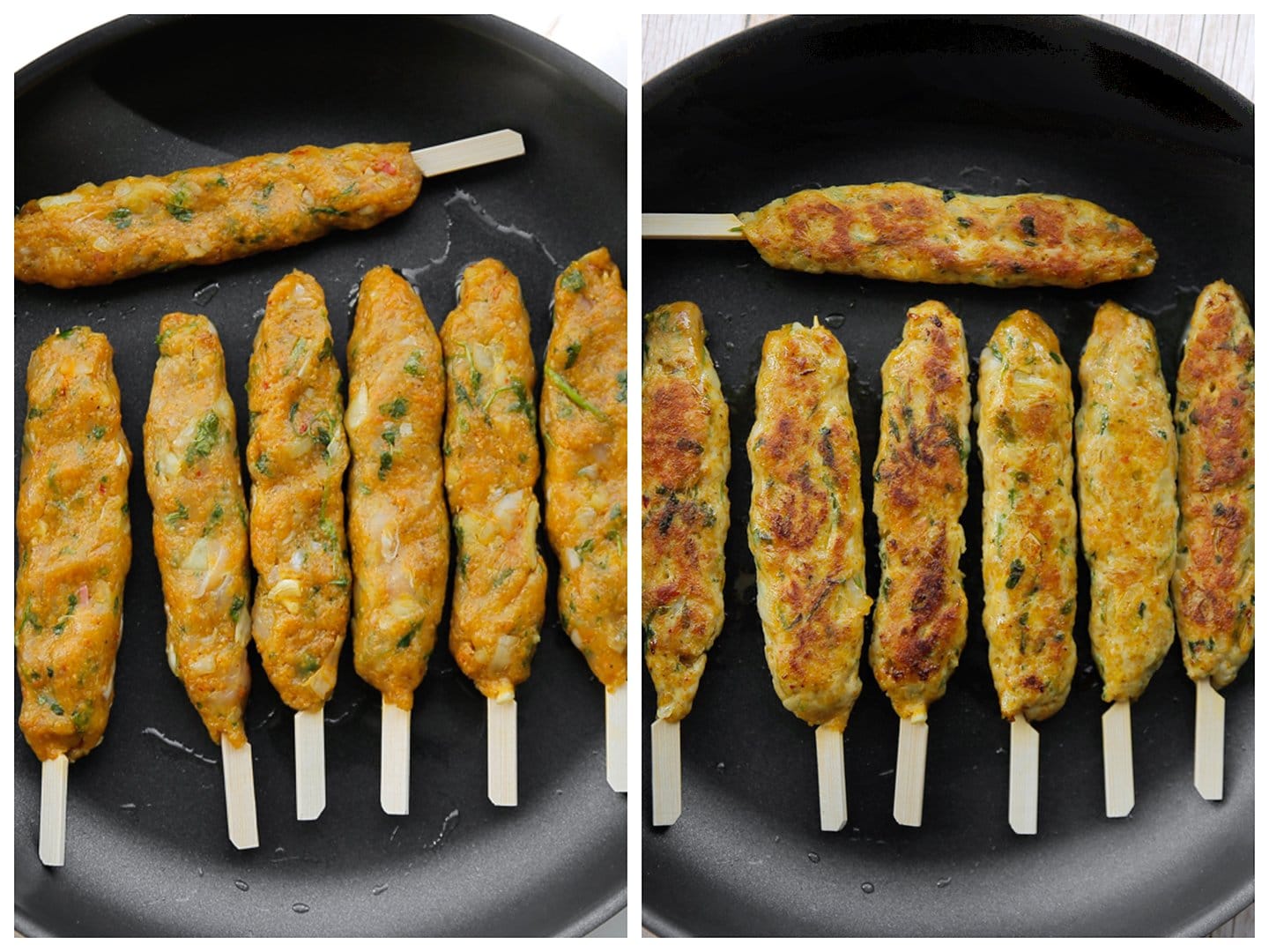 Kipspiesjes gaar bakken in een koekenpan