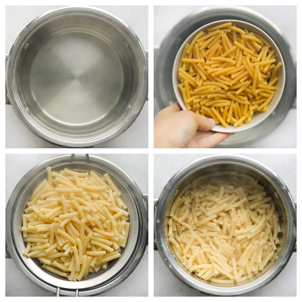 Breng een pan met ruim water aan de kook. Als het begint te borrelen, voeg je het zout toe en de pasta toe. Kook de pasta in ca. 11-14 minuten gaar.