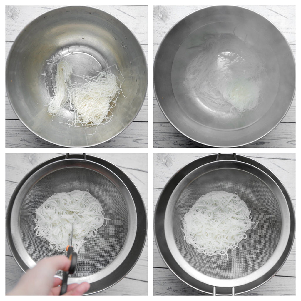 Breng wat water aan de kook of gebruik een waterkoker. Doe de mihoen in een pan en voeg het gekookte water toe. Dek af en laat 2-3 minuten weken of tot de mihoen zacht is. Laat het water uitlekken. Laat de mihoen afkoelen en knip in kleine stukken. Dat maakt het vullen een stuk makkelijker.
