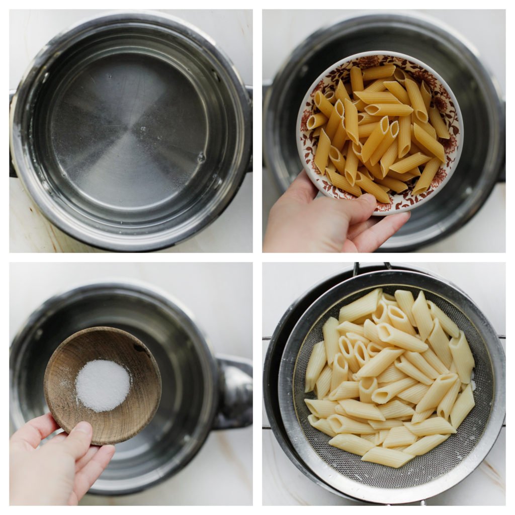 Breng ruim water aan de kook. Als het water begint te borrelen, voeg je het zout toe en eventueel een scheutje olie. Voeg de pasta toe. Na een paar minuten roer je het los van elkaar. Kook de pasta gaar 8-12 minuten. Schep voorzichtig 150 ml van het pasta-water uit de pan en leg apart. Laat het water uitlekken.