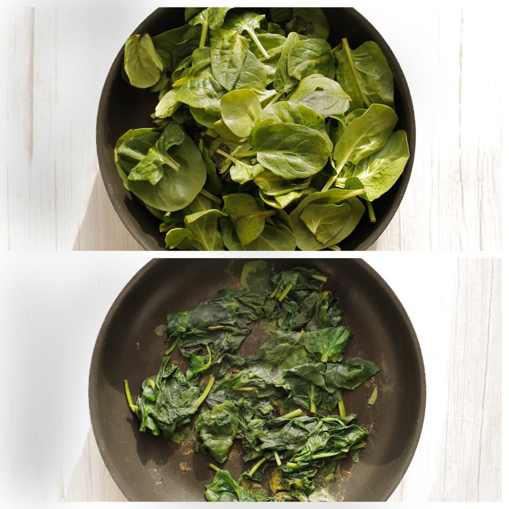 Doe de spinazie in een pan en bak 4-5 minuten of tot de spinazie geslonken is.