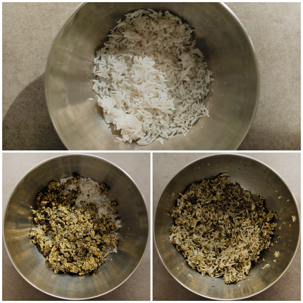 Doe de rijst in een diepe kom. Voeg het pestomengsel toe en meng goed.