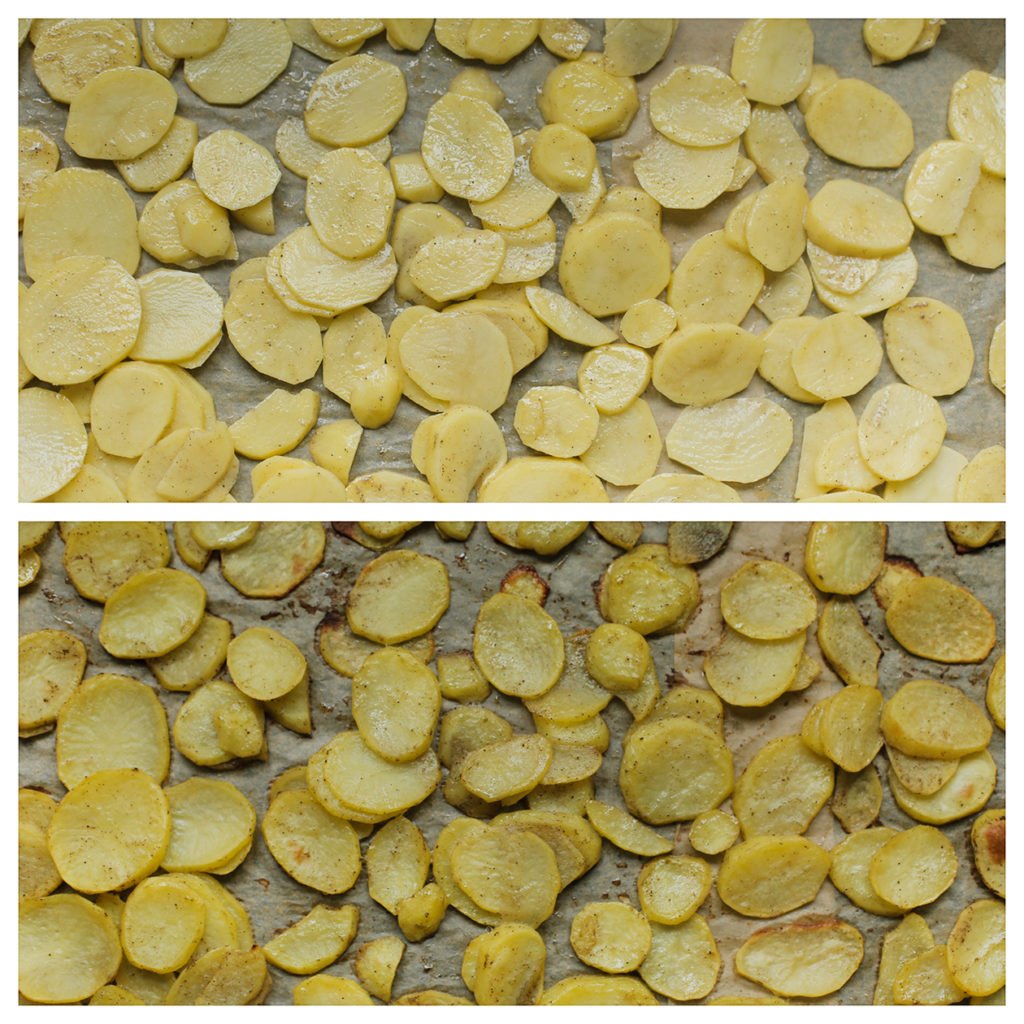 Verdeel de aardappelschijfjes over een bakplaat met bakpapier. Zet in een voorverwarmde oven op 200 ℃. Bak 30-35 minuten of tot de aardappelschijfjes zacht zijn.