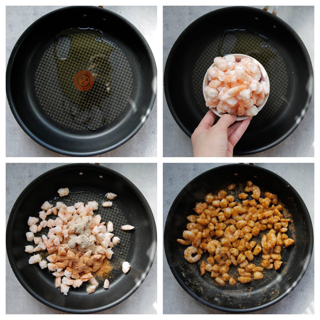 Snijd de garnalen in stukken. Verhit de olijfolie in een koekenpan op middelhoog vuur. Voeg de garnalen, ras el kouzina, het zout en de knoflookpoeder toe. Bak 2 minuten.