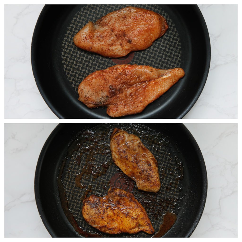 Bak de kipfilet in een koekenpan op middelhoog vuur in ca. 6-7 minuten gaar. Haal de kip eruit en leg apart.