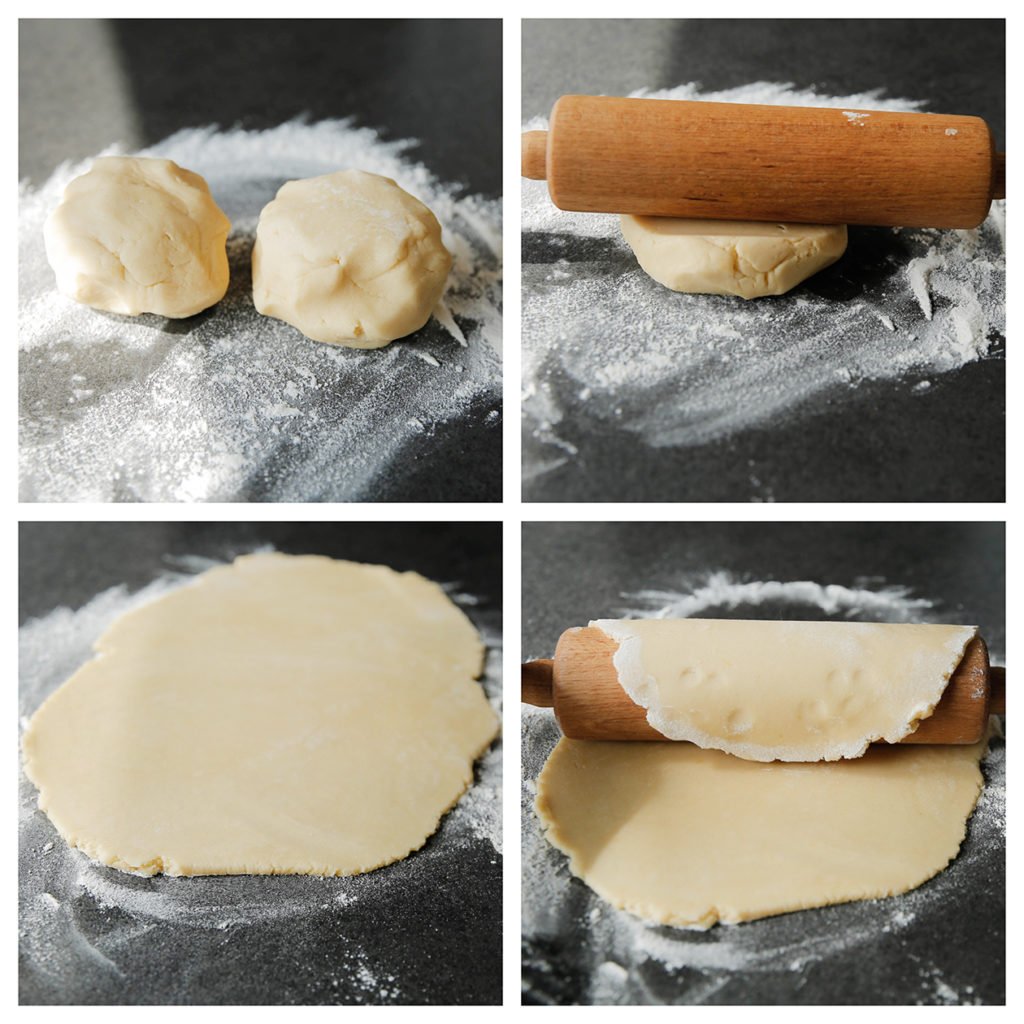 Verdeel het deeg in 2 stukken (300 g en 350 g). Stort het koekjesdeeg op een bloem bestoven werkplek en rol deze uit tot een lap (afmeting van je bakvorm). 
