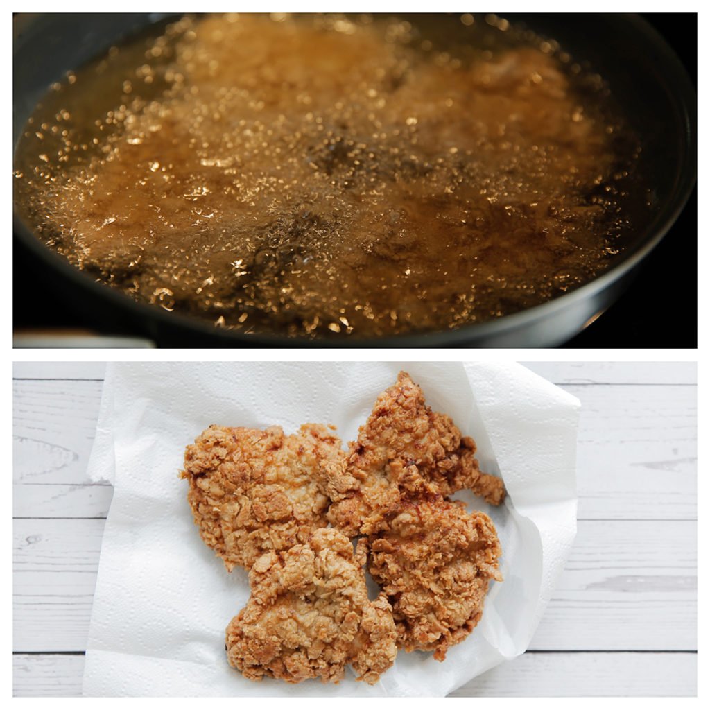 Verhit een laagje zonnebloemolie in een koekenpan (175 ℃). Bak elke kant van de kip in ca. 3 minuten gaar. In de friteuse bak je de kip in ca. 3-4 minuten gaar.