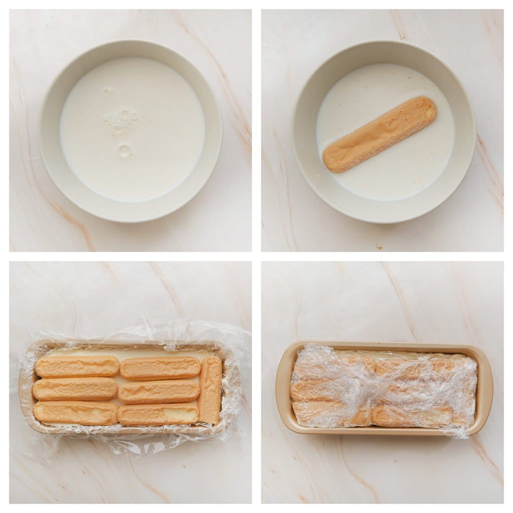 Haal de lange vingers door de melk en verdeel deze over de room. Doe de huishoudfolie er goed omheen en leg een paar uur in de koelkast. Liefst een nachtje.