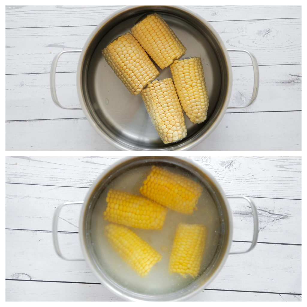 Snijd de maïskolven in halfjes. Breng het water in een pan (halfvol) aan de kook. Voeg het zout en de maïs toe. Kook 10 minuten.