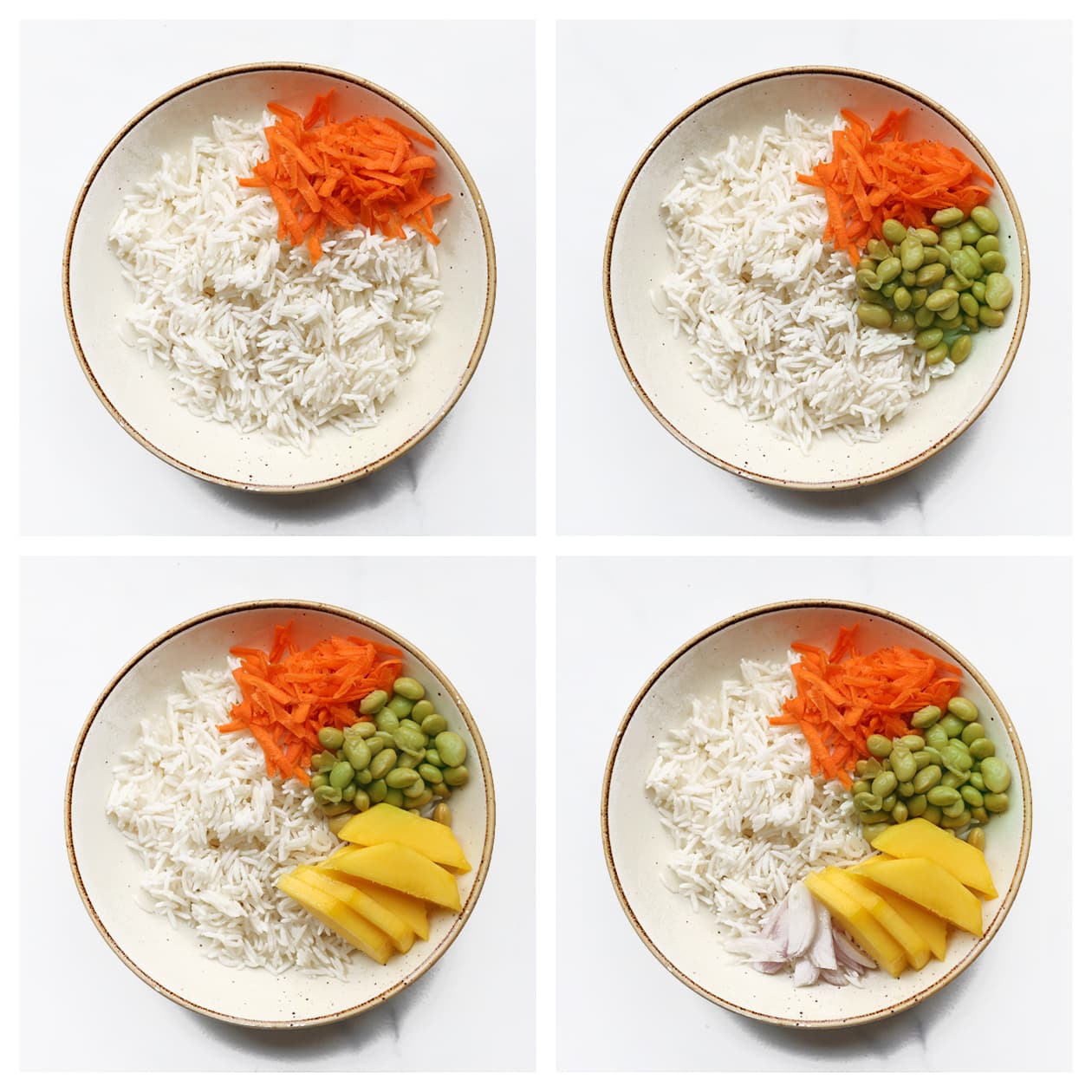 Wortel, edamame bonen, mango en rode ui