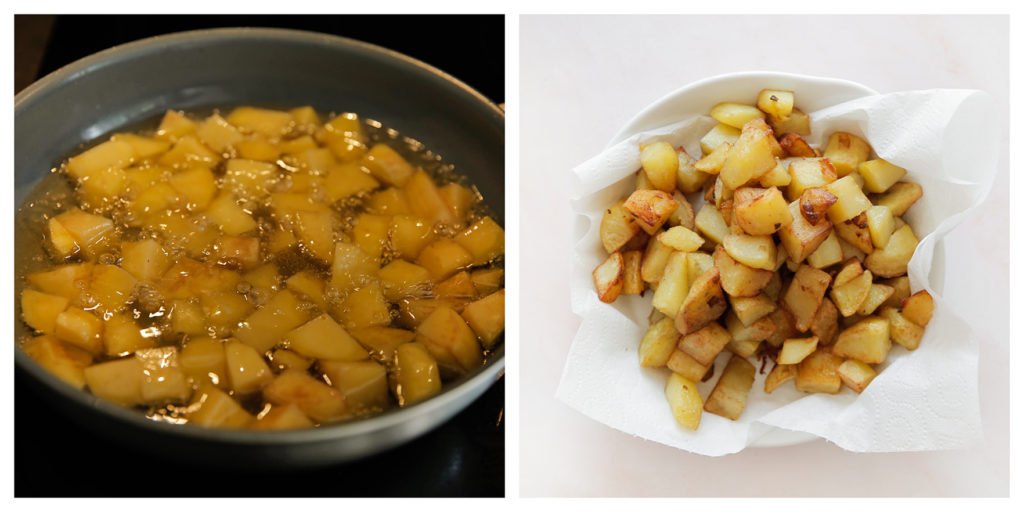 Verhit de zonnebloemolie in een koekenpan op middelhoog vuur. Bak de aardappels in ca. 13-15 minuten gaar. Schep de aardappelblokjes voorzichtig uit de koekenpan en leg op een bord met een vel keukenpapier.