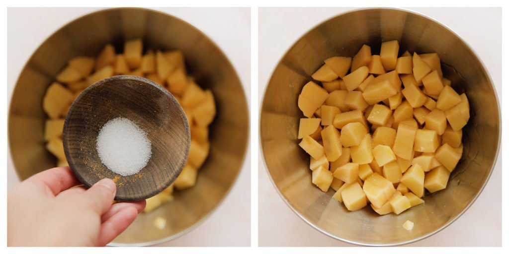 Schil en snijd de aardappels in kleine stukjes. Doe de aardappelstukjes in een diepe kom en voeg het zout toe. Meng goed.