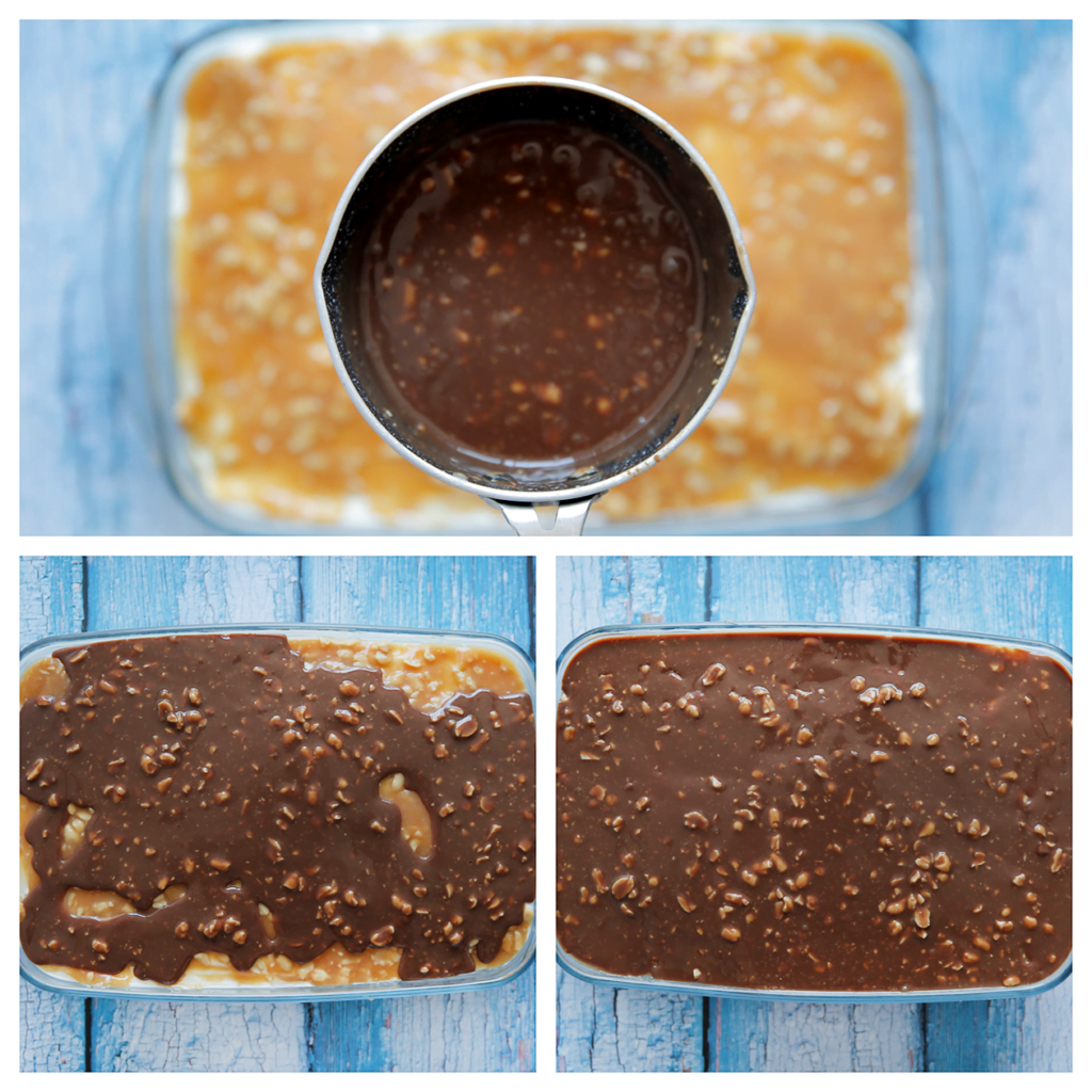 Giet het chocolademengsel over de laag van pinda karamel. Leg in de koelkast om op te stijven. Het liefst een hele nacht.