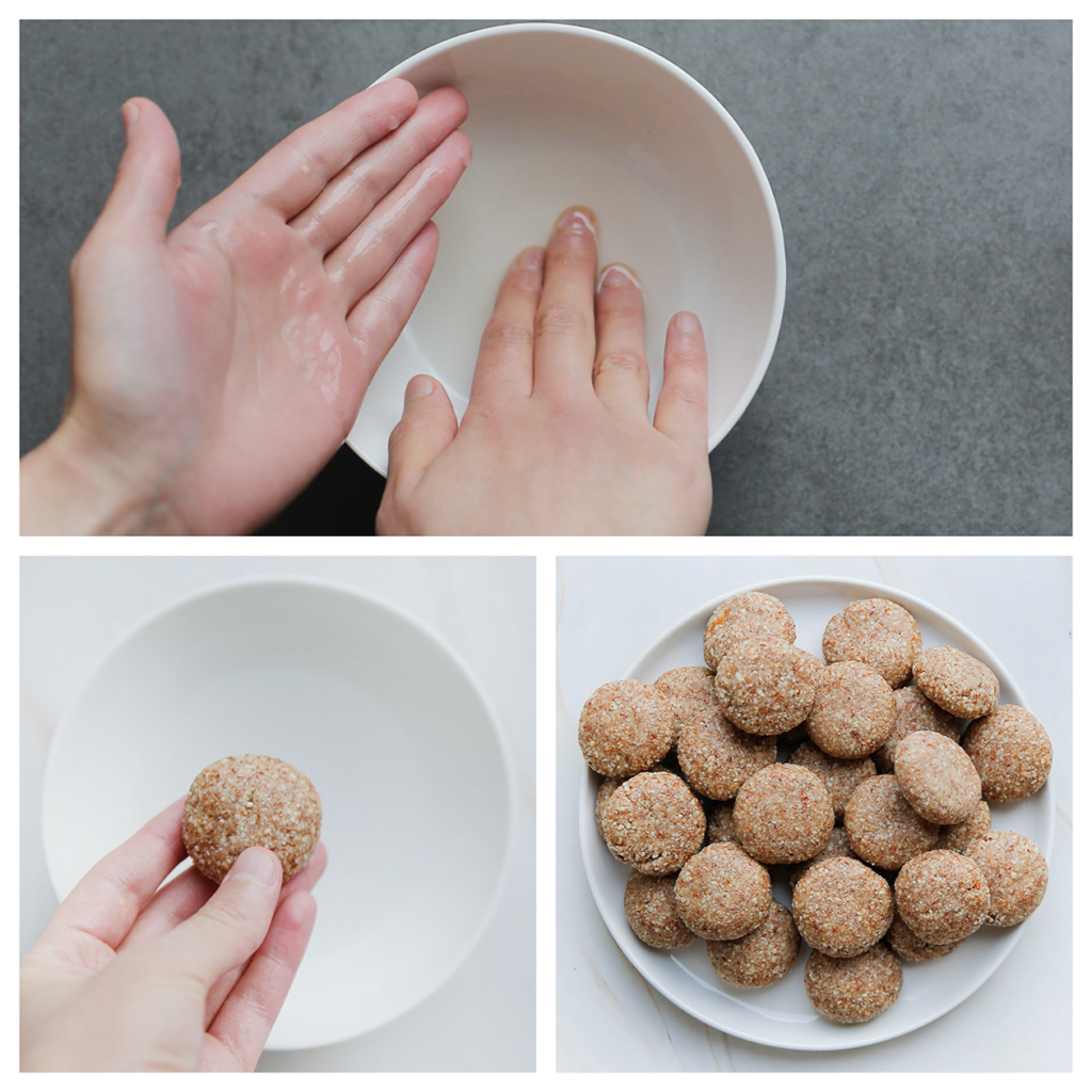Maak je handen vochtig met het oranjebloesemwater en neem wat van het koekjesdeeg (22 g per koekje). Haal de koekjes absoluut niet door het oranjebloesemwater, anders worden ze te nat en komt de coating er niet goed op te zitten.