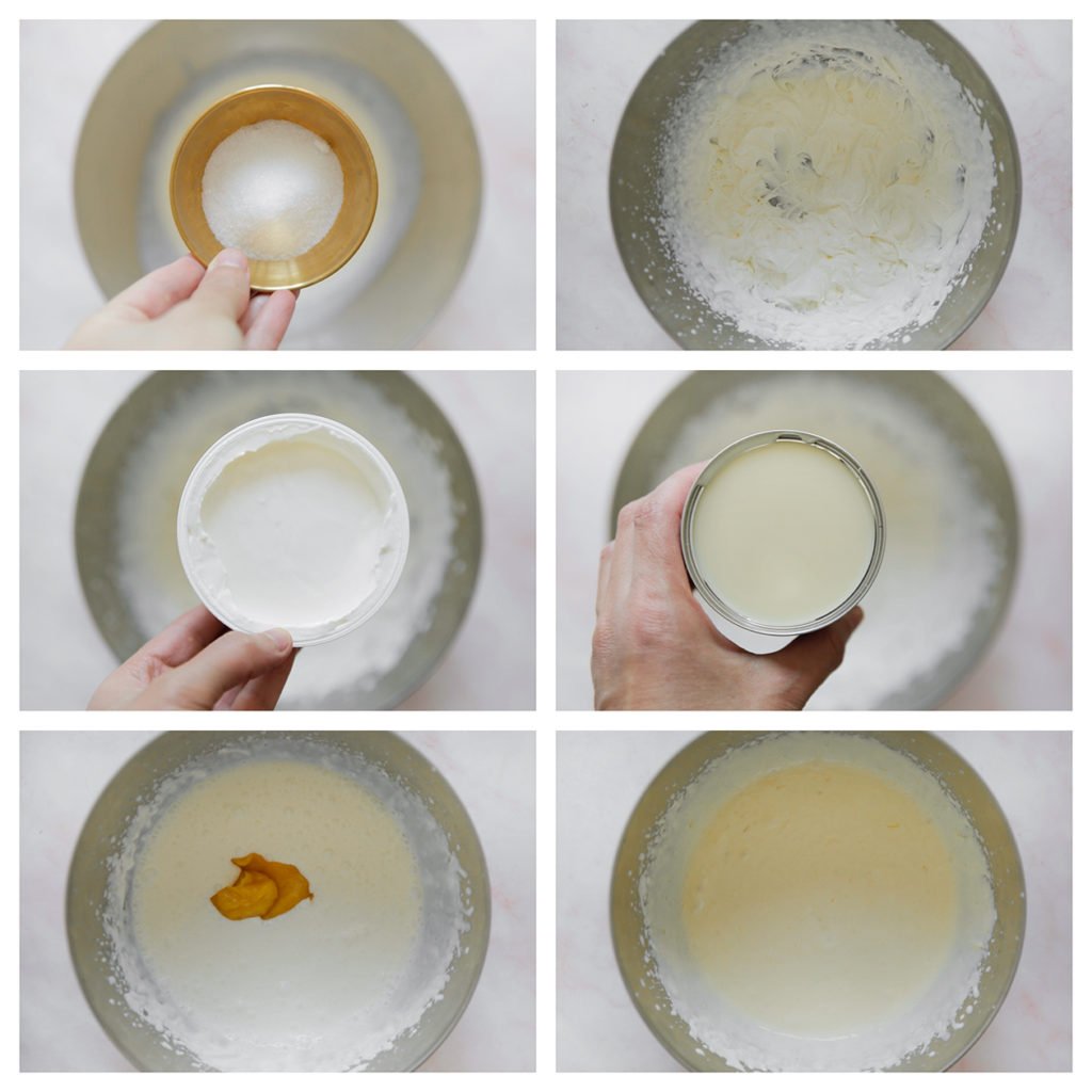 Doe de ongeklopte slagroom en suiker in een kom. Mix de room niet al te stijf. Voeg de yoghurt en gecondenseerde melk toe. Mix tot een geheel. Voeg het mangomengsel toe (houd 25 gram van het mangomengsel apart).