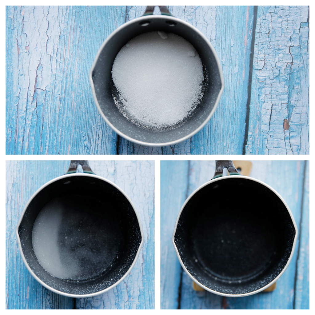 Kook de azijn samen met de suiker in een steelpan. Wanneer de suiker is opgelost, zet je het vuur uit. Laat de siroop op kamertemperatuur komen.
