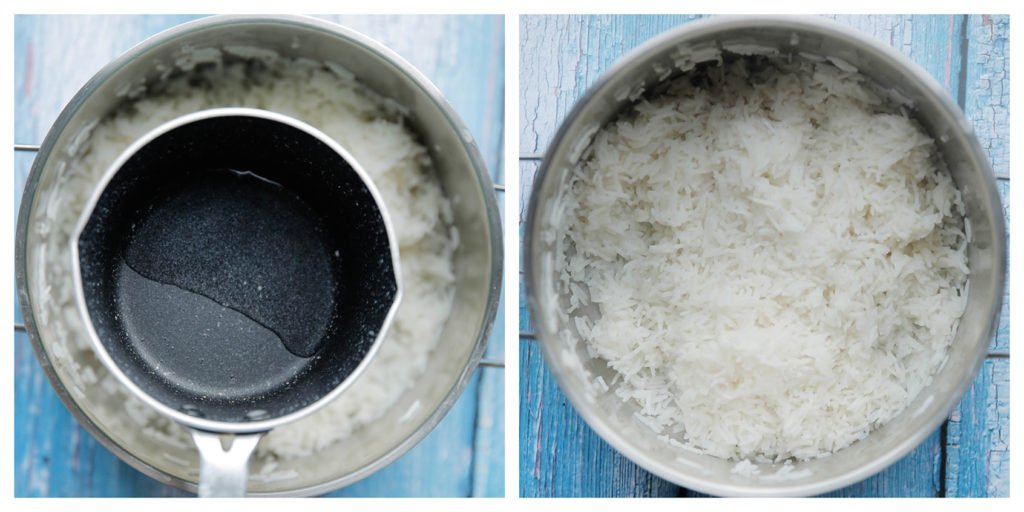 Voeg het suiker-azijnmengsel toe aan de rijst. Meng goed. 