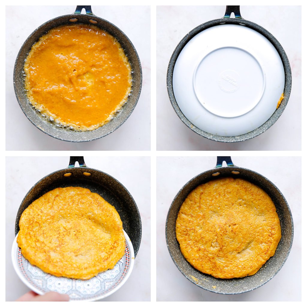 Verhit de olijfolie in een pan en voeg het zoete aardappelmengsel toe (100 gr). Verdeel deze goed. Bak aan beide kanten gaar.