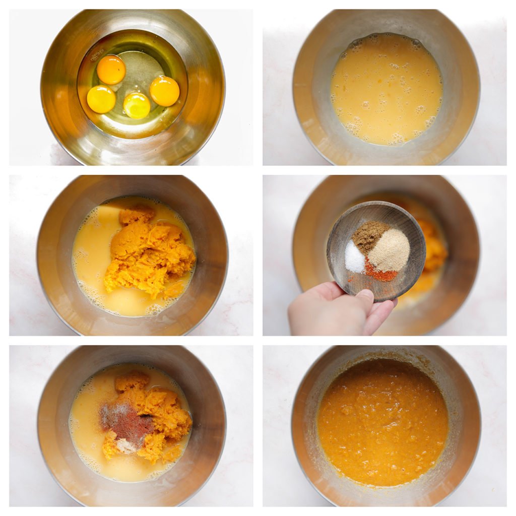 Breek de eieren boven een kom en klop ze los. Voeg de zoete aardappel, komijnpoeder, knoflookpoeder, paprikapoeder en het zout toe. Meng goed.