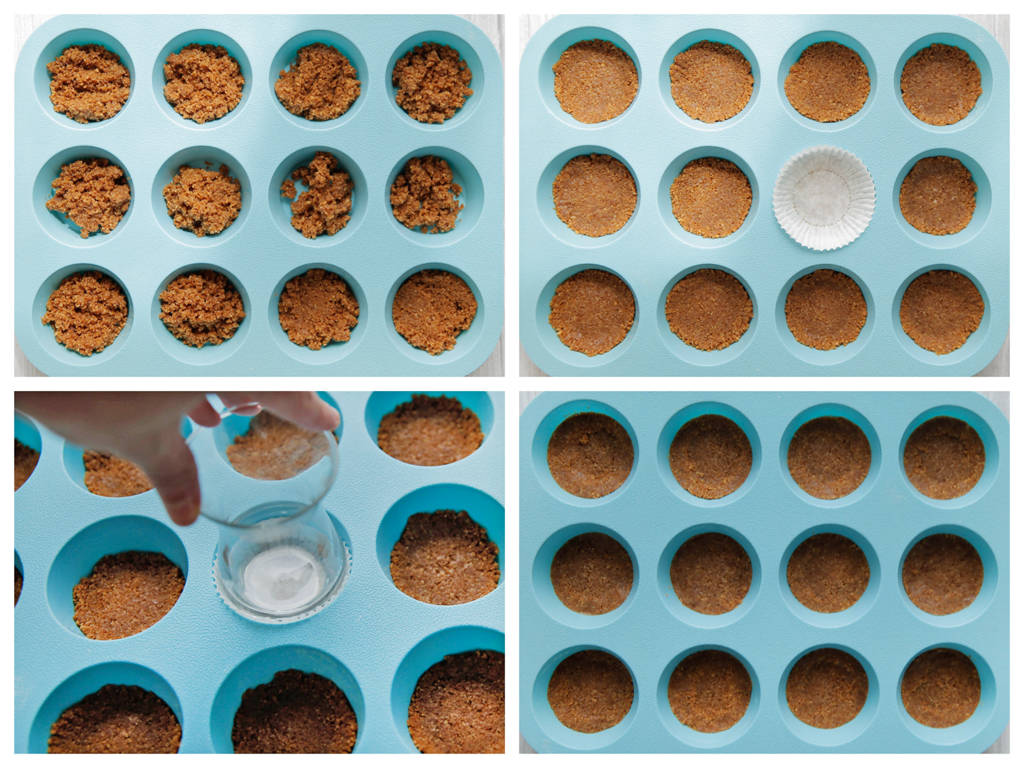 Neem een muffinbakvorm. Schep er een laagje van het koekjesdeeg op en druk goed aan. Leg, afgedekt, in de koelkast of vriezer.