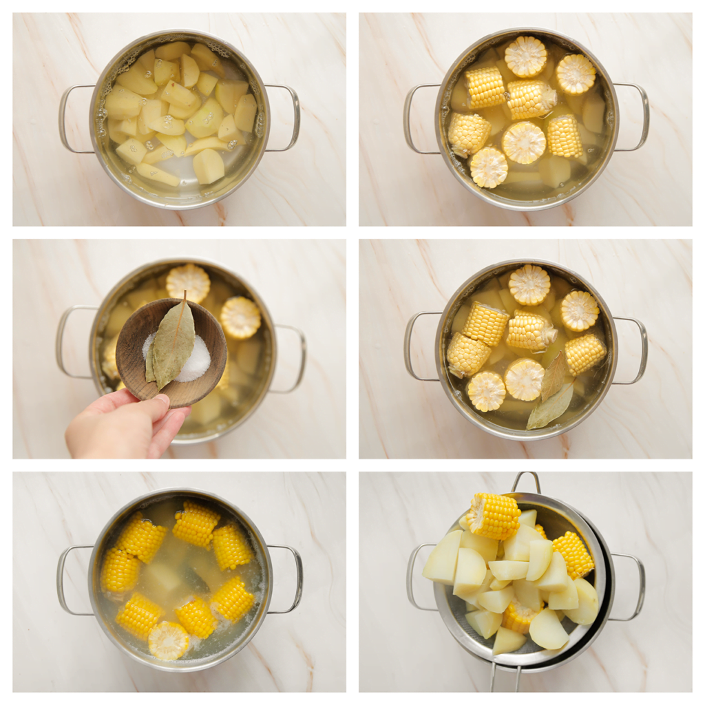 Breng ruim water in een pan aan de kook. Voeg de aardappels, maïskolven, het zout en de laurierblaadjes toe. Kook 15-20 minuten of tot de aardappels zacht zijn. Laat uitlekken.