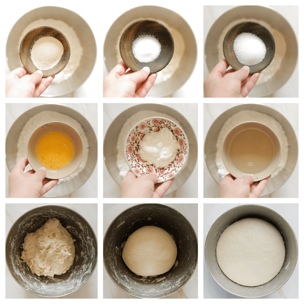 Doe de bloem, gist, suiker en het zout in een diepe kom. Meng goed. Maak een gat in het midden. Voeg de yoghurt, zonnebloemolie, het ei en lauwwarme water toe. Kneed 10-12 minuten. Dek het deeg af en laat 1 uur rijzen op een warme plek of tot het in formaat is verdubbeld.