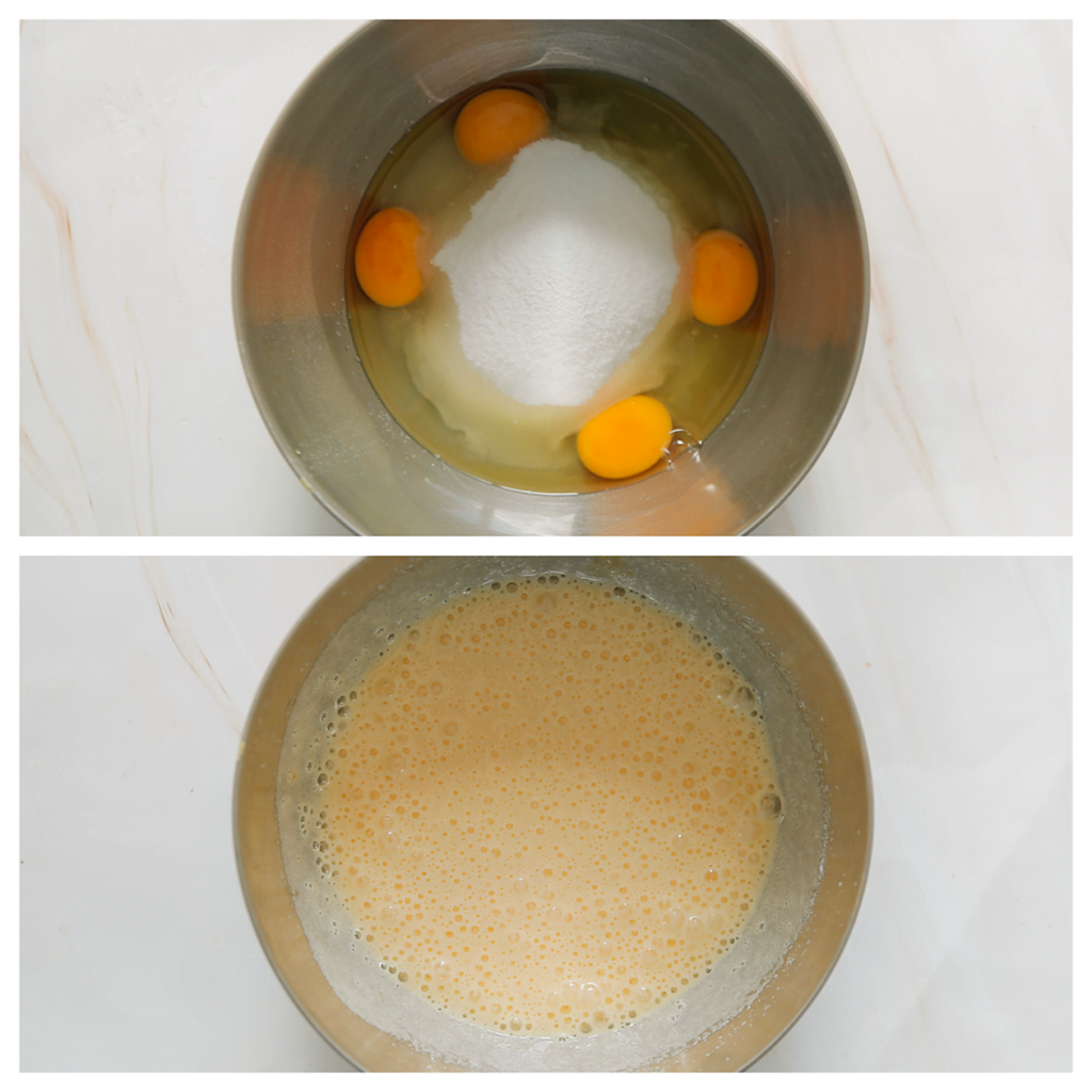 Breek de eieren boven een kom. Voeg de suiker, vanillesuiker en het zout in een diepe kom. Mix in 2 minuten luchtig. 