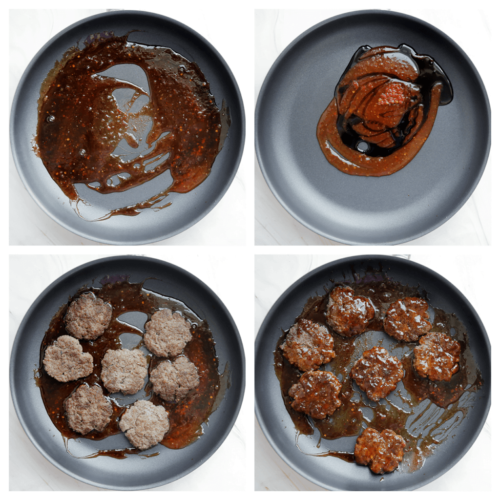 Verhit de de chilisaus, ketjap manis en sambal in een koekenpan op middelhoog vuur. Kook 1 minuut. Voeg de burgers toe en meng goed aan beide kanten