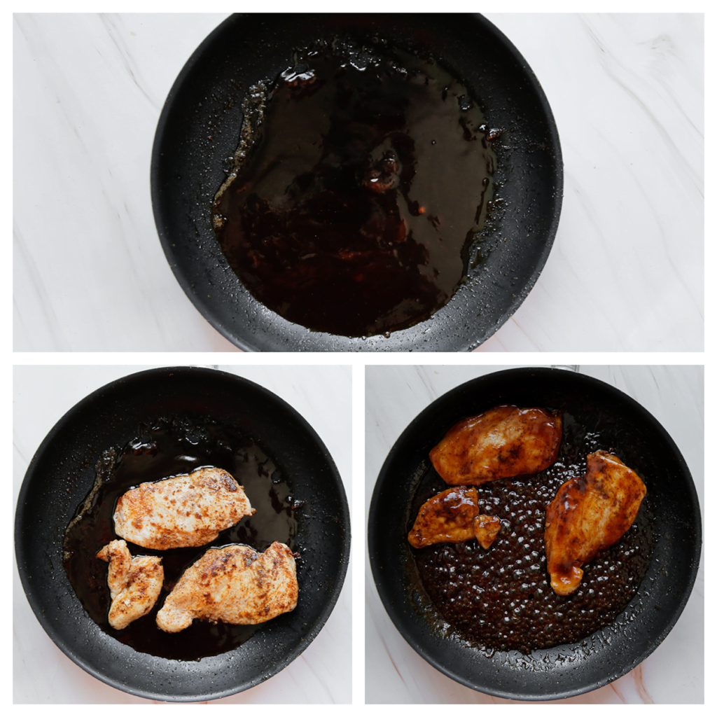 Verhit de honingsaus in een koekenpan op middelhoog vuur. Voeg de kipfilet toe en bak de beide kanten goed mee of tot de saus goed is ingetrokken.