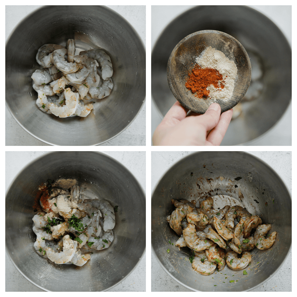 Doe de garnalen in een diepe kom. Voeg de cayennepeper, knoflookpoeder, peterselie, olijfolie en het zout toe. Meng goed.