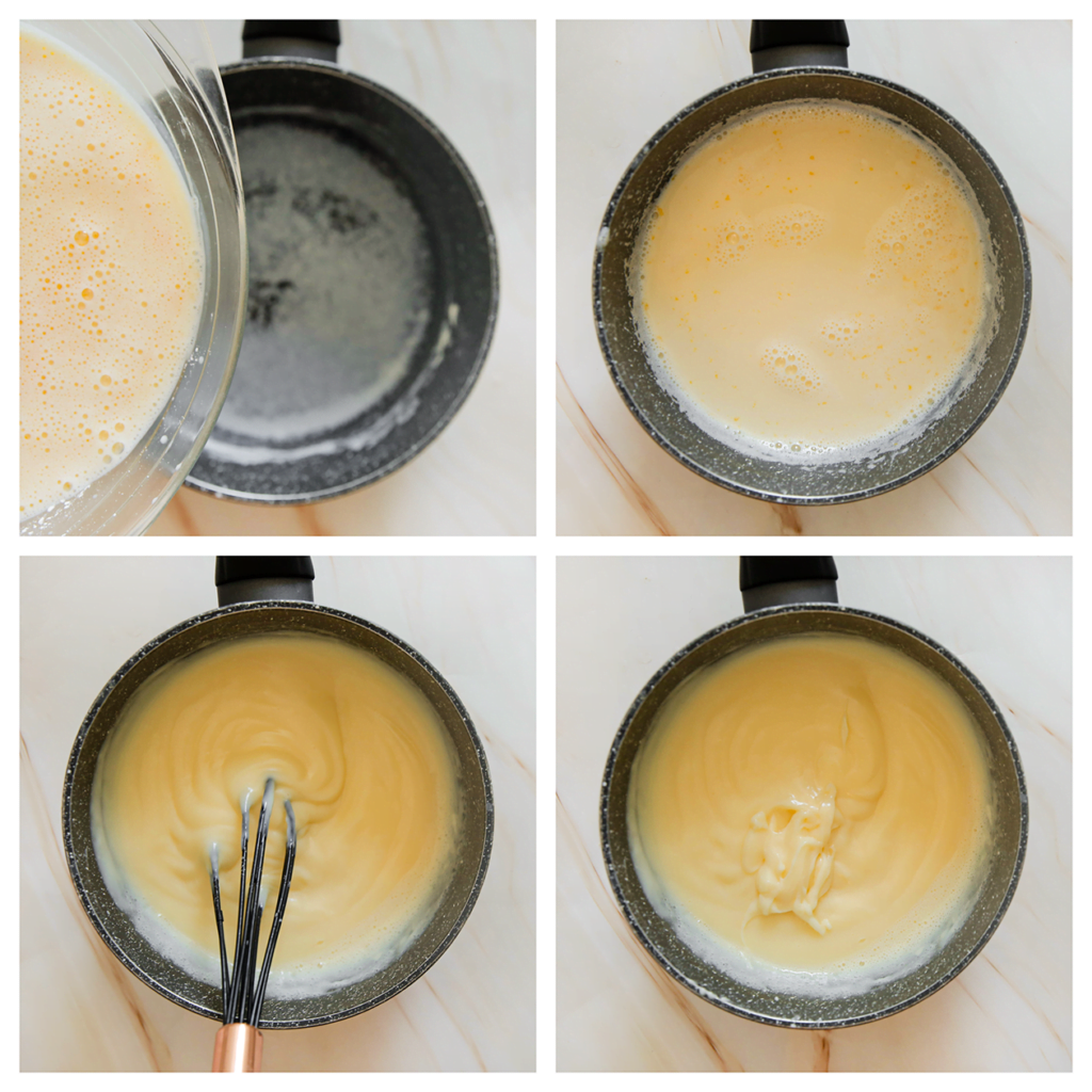 Doe het melk-eimengsel terug in de steelpan. Kook tot het dikkig wordt (blijf er wel steeds bij staan om te roeren).