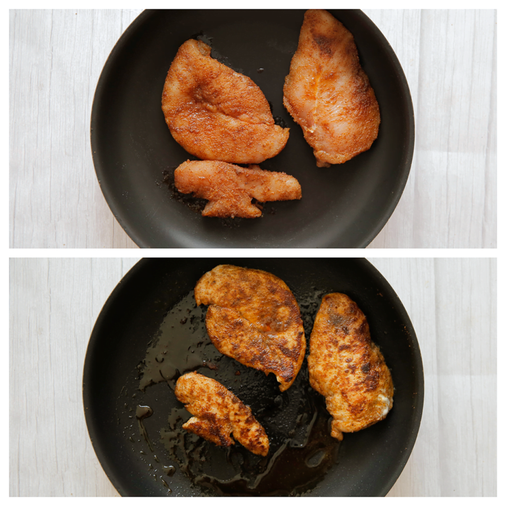 Verhit een koekenpan op middelhoog vuur. Voeg de kip toe en bak aan beide kanten gaar.